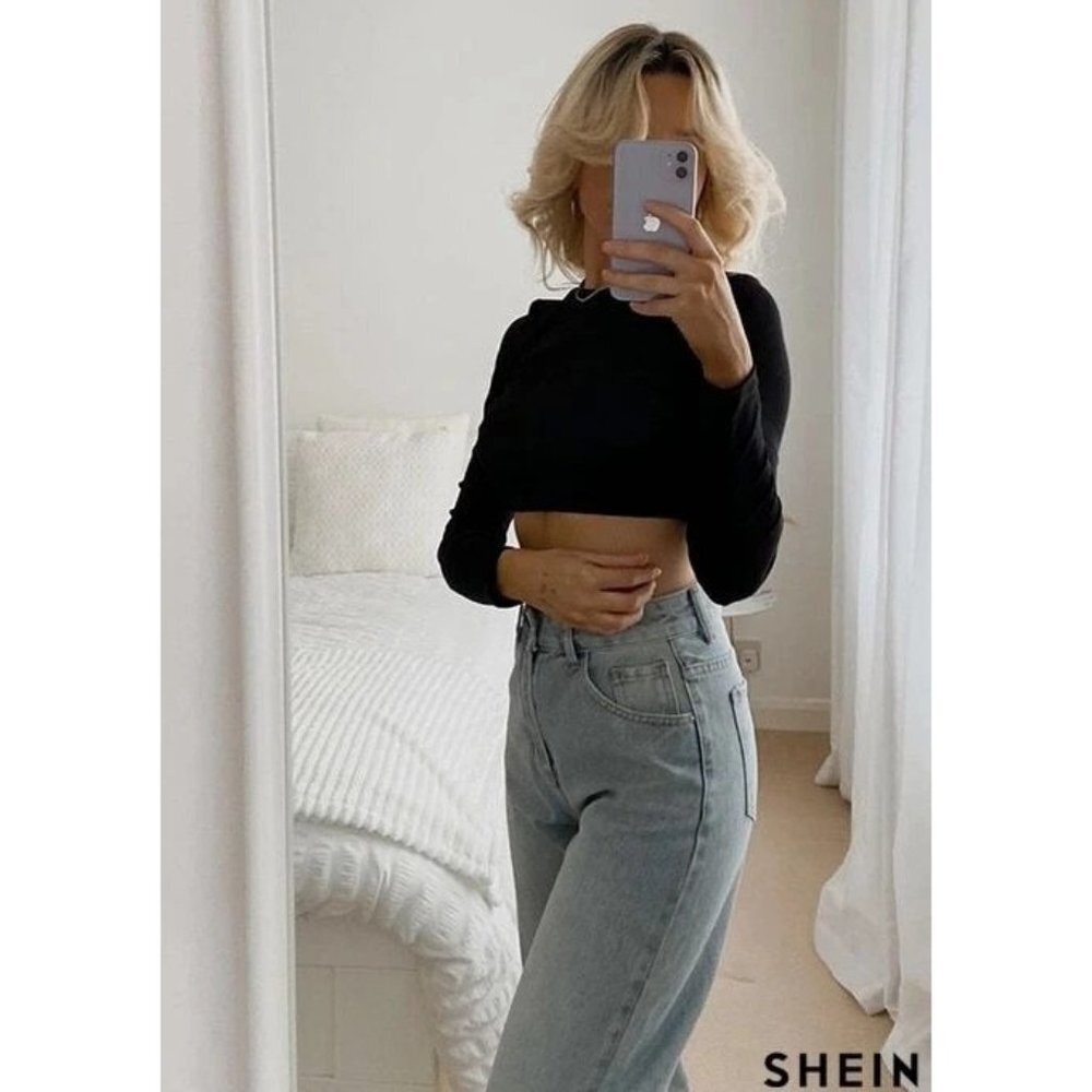 New SHEIN BASICS Cotton Solid Fitted Crop Top in Black - Size‎ XS